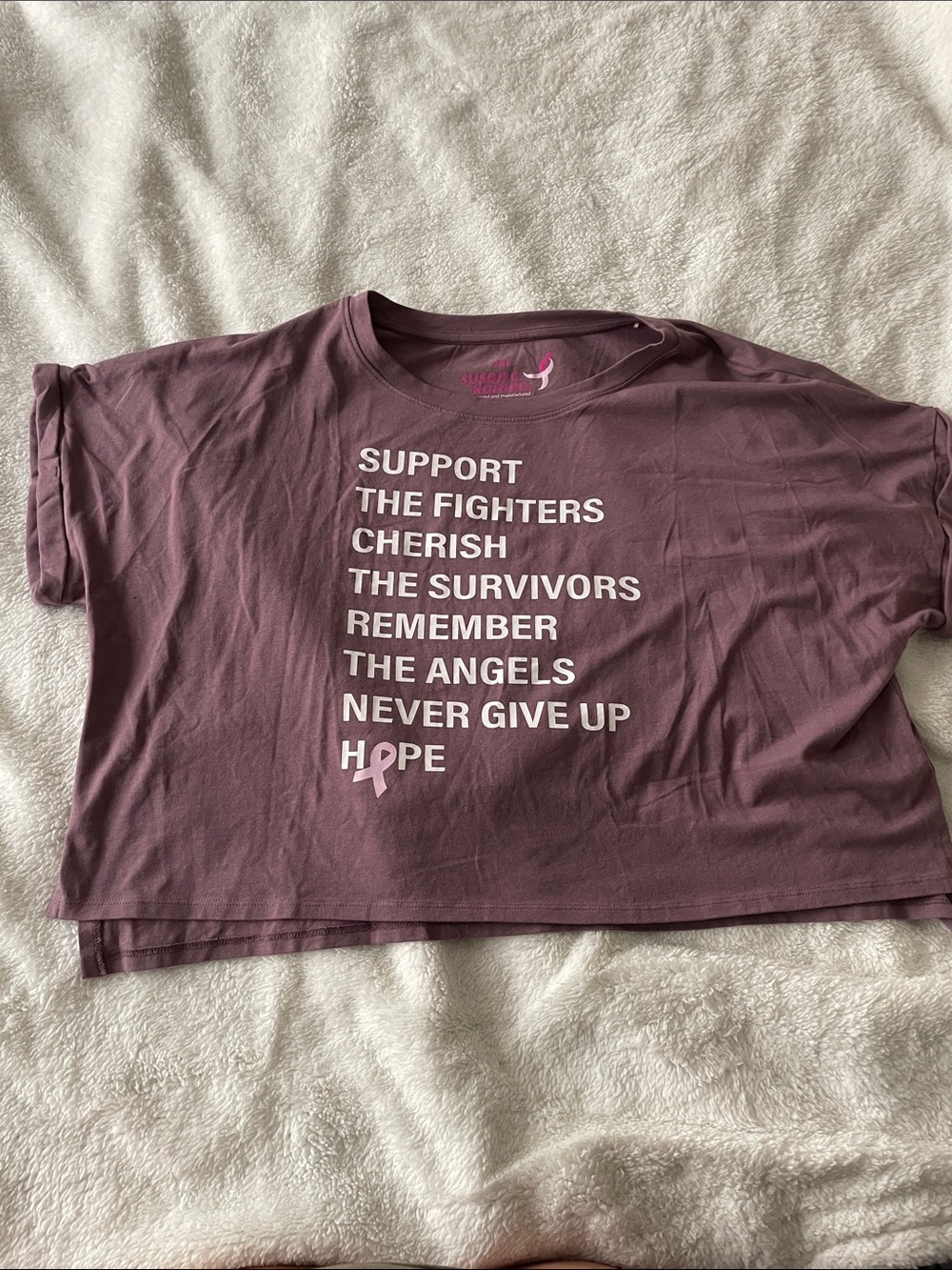 Earth Yoga Mauve Breast Cancer Support & Hope Cropped Tee Susan G Komen